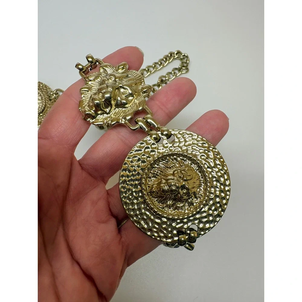 Vintage Gold Tone Lion Head Medallion Chain Belt Necklace Hammered Coin  36in